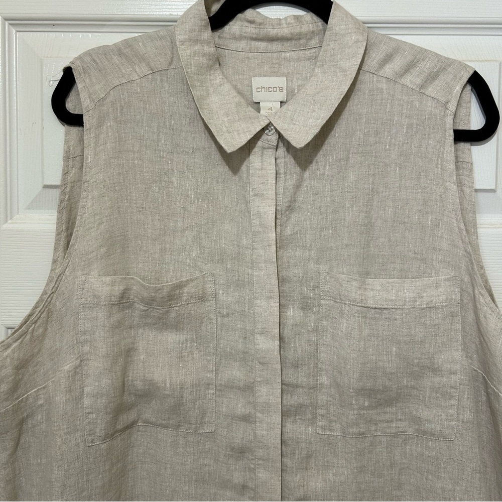 Chico's Sleeveless Linen Tunic Light Beige Lagenlook Resortwear Beach Sz 4 (XXL) - Picture 2 of 9